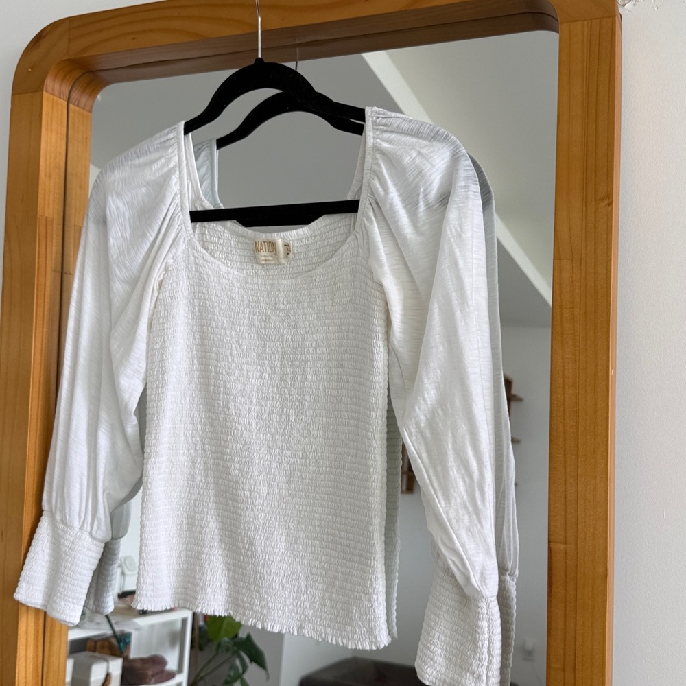 Nation White Long Sleeve Smocked Top